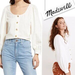 Madewell Corduroy Shirred-Sleeve Button Front Cream Top, size XS